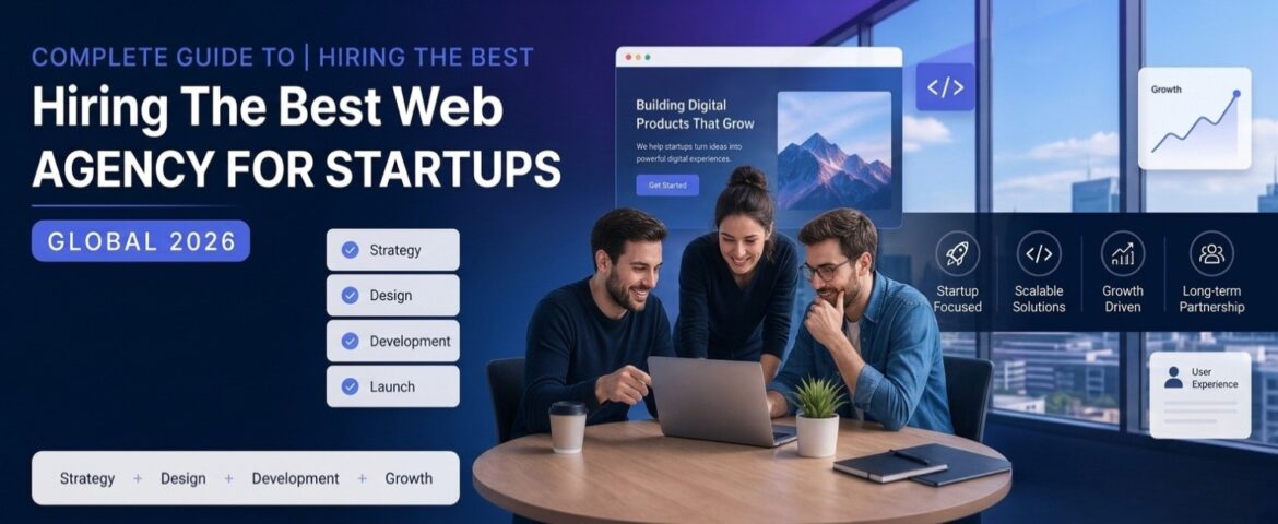 Feature image showing a modern startup web development agency guide with professionals collaborating on a laptop, representing scalable website development, UI/UX design, and digital growth strategy for startups in 2026.