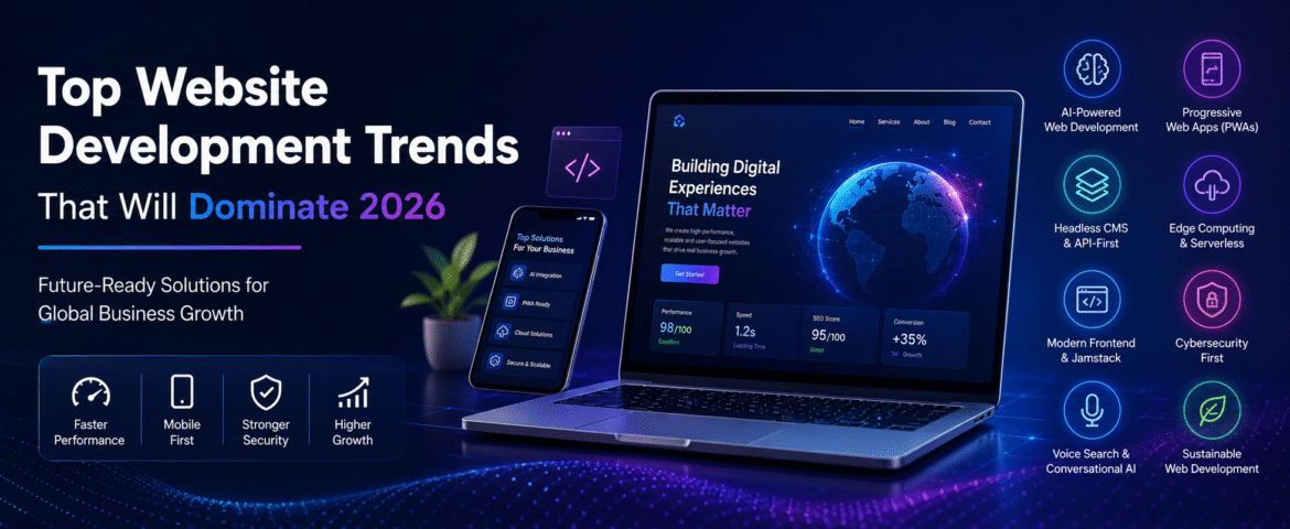Top website development trends in 2026 featuring AI-powered web development, Progressive Web Apps, cybersecurity, modern frontend technologies, and scalable digital solutions for global businesses.