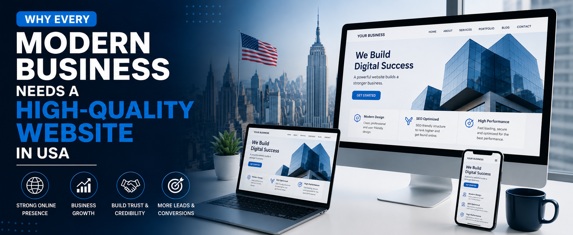 High-quality modern business website design concept showing digital growth, SEO optimization, and online presence for businesses in USA 2026 by Dort Studio