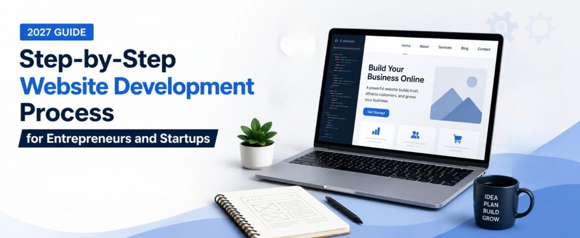 Website development process steps guide for entrepreneurs and startups in 2027, modern business website planning, design and development workflow illustratio