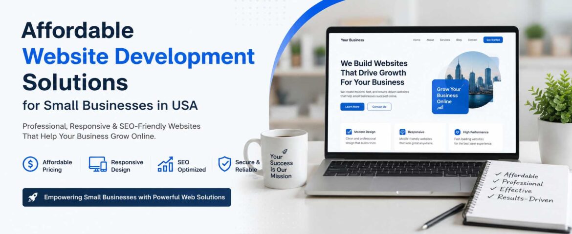 Affordable website development solutions for small businesses in USA featuring responsive web design, SEO-friendly websites, and professional web development services