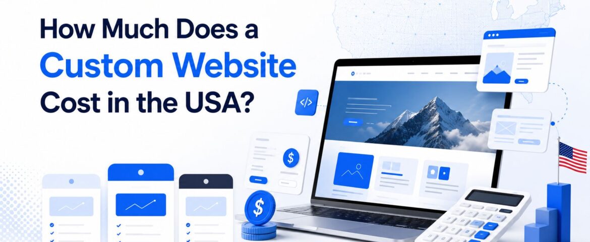 Custom website cost USA infographic showing website development pricing, web design costs, and custom website development services in 2026